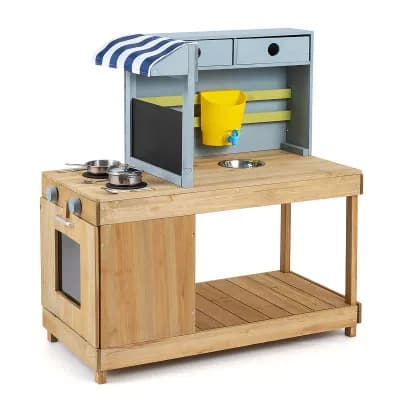 Costway Mud Kitchen with Canopy, Fir Wood Play Kitchen Set for Boys & Girls with Water Tank
