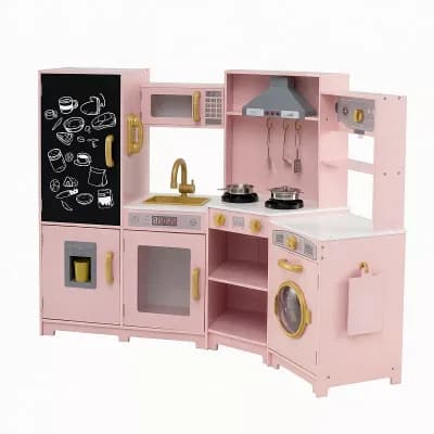 Costway Corner Kids Play Kitchen Wooden Pretend Toy Kitchen with Realistic Lights