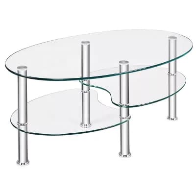 Costway Tempered Glass Oval Side Coffee Table Shelf Chrome Base Living Room