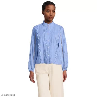 Women's Lands' End Long Sleeve Ruffle Neck Button-Front Shirt