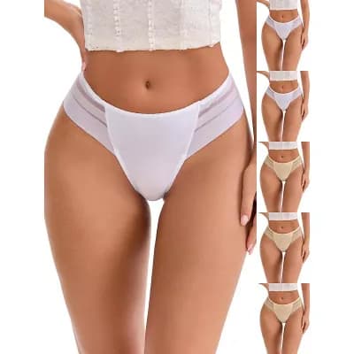 6 Packs Women's Low Rise Ice Silk Lace Elastic Thong Striped Breathable Seamless Underwear