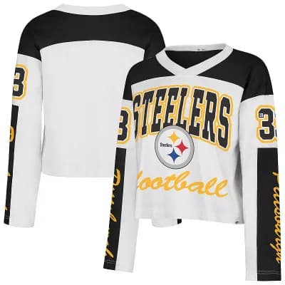 Women's '47 White Pittsburgh Steelers Exclamation Metro V-Neck Long Sleeve Jersey T-Shirt
