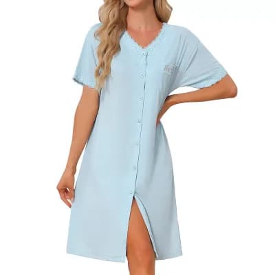 Women's Nightgowns Comfy Button Down Lace Sleep Dress Short Sleeves