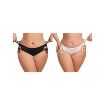 2 Packs Women's Side Tie Panties Lace Mesh Sheer Underwear Low Rise Briefs Underpants