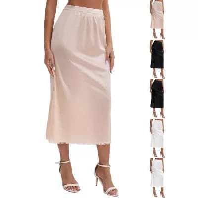 6 Packs Women's Satin Lace Trim Flared Hem Half Slip Relaxed Fit Lightweight Solid Maxi Petticoat