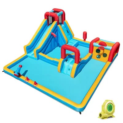 Costway Inflatable Water Park with Climbing Wall Boxing Post Basketball Rim 735W Blower