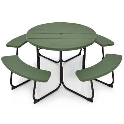 Costway Outdoor 8-person Round Picnic Table Bench Set with 4 Benches & Umbrella Hole