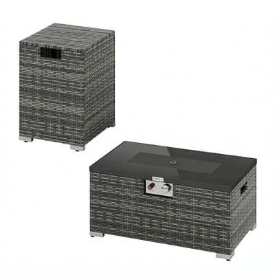Costway 2 pc Outdoor Rattan Fire Table Set with Tank Cover Tempered Glass Tabletop