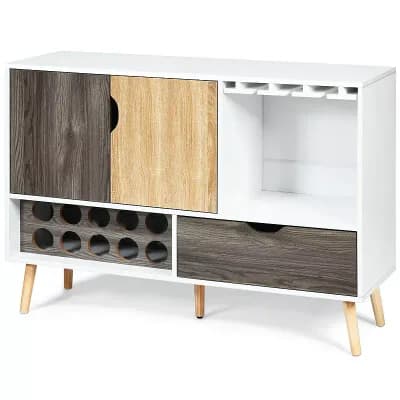 Costway Mid-Century Buffet Sideboard Wooden Storage Cabinet w/ Wine Rack & Glass Holder