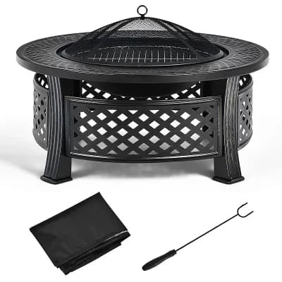 Costway 32'' Round Fire Pit Set W/ Rain Cover BBQ Grill Log Grate Poker