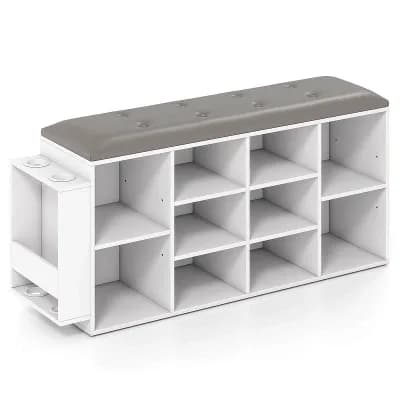 Costway Wooden Shoe Bench 10-Cube Storage Organizer with Padded Cushion & Umbrella Holder