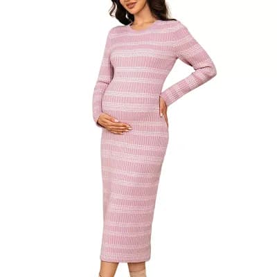 Maternity Bodycon Dress Striped Knit Long Sleeve for Casual and Work Wear