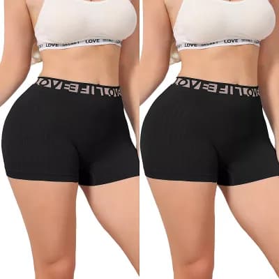 2 Packs Women's High Waisted Boyshorts Seamless Ribbed Letter Waistband Tummy Control Panties