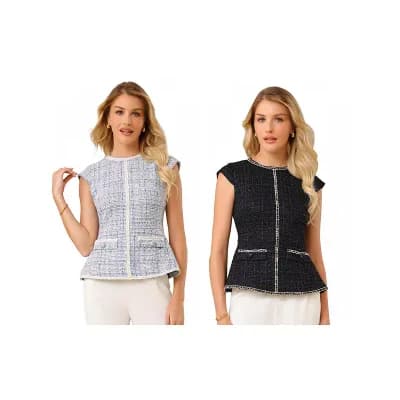 2 Packs Women's Elegant Tweed Top Crew Neck Cap Sleeve Business Office Peplum Blouse Tops