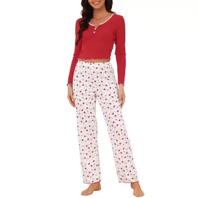 Women's 2 pc Pajama Sets Lace Trim Long Sleeve Tops Crown Print Casual Pants Ribbed Sleepwear