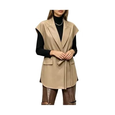 Women's Belted Faux Leather Vest, Sleeveless Notch Lapel PU Blazer with Fleece Lining and Pockets