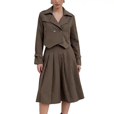Women's 2 pc Skirts Set Lapel Cropped Blazer Asymmetric Hem High Waist Pleated Midi Dress Skirt