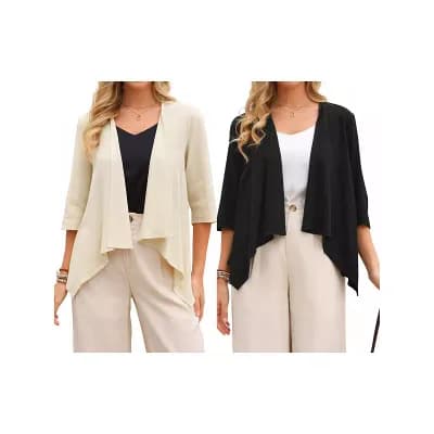 2 Packs Women's Linen Cardigan 3/4 Sleeve Open Front Loose Cover Ups Lightweight Shrug