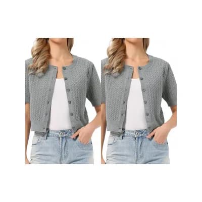 2 Packs Short Sleeve Cardigans Sweater Casual Cable Knit Button Down Crewneck Lightweight Tops