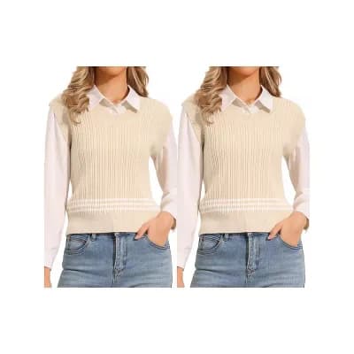 2 Packs Sweater Vest for Women Sleeveless Crew Neck Casual Knitted Pullover Sweater Top