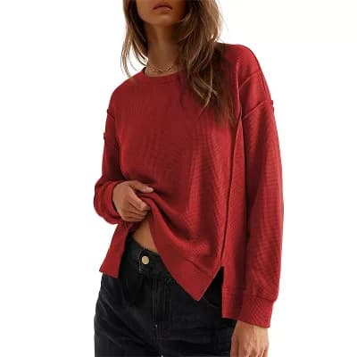 Waffle Knit Long Sleeve Crew Neck Pullover