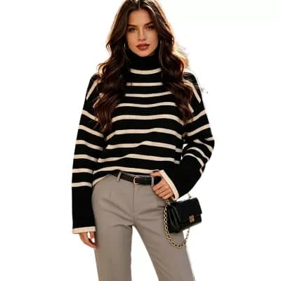Women's Casual Turtleneck Striped Color Block Knit Top Loose Split Hem Long Sleeve Pullover Sweaters