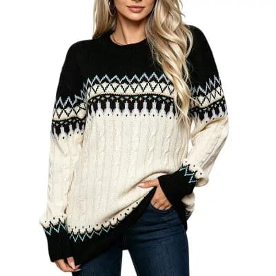Women's Fair Isle Cable Knit Sweater Crew Neck Long Sleeve Retro Loose Pullover Holiday Top