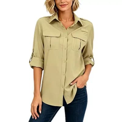 Women's Button Down Shirt Roll Tab Long Sleeve Cargo Pocket Casual Dressy Blouse For Office Wear