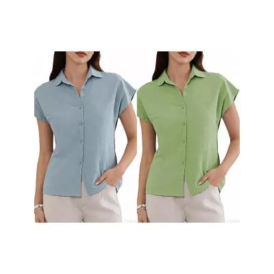 2 Packs Women's Cotton Linen Shirts Button Down Short Sleeve Shirt Summer Casual Beach Blouses Tops