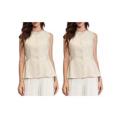 2 Packs Vest for Women Crew Neck Button Down Waist Belt Business Casual Vest Tops