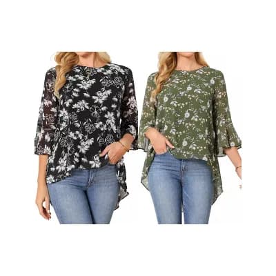 2 Packs Women's Floral High Low Tops Scoop Neck Chiffon Blouse Asymmetrical Shirt 3/4 Bell Sleeve