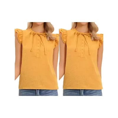 2 Packs Summer Tops for Women's Ruffle Cap Sleeve Tie Neck Button Front Casual Blouses
