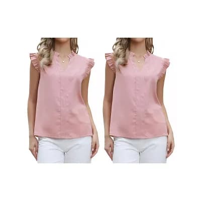 2 Packs V Neck Tops for Women's Summer Casual Ruffles Solid Sleeveless T Shirts Blouses
