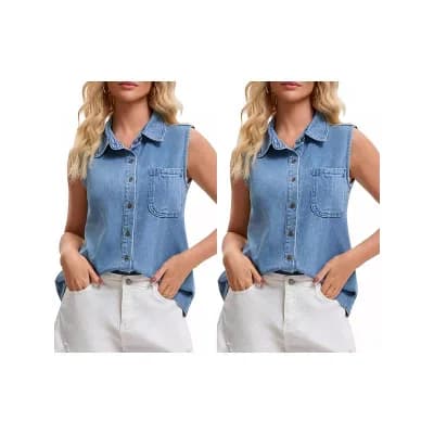 2 Packs Women's Denim Top Sleeveless Button Down Collared Tank Tops with Pockets Jean Shirt