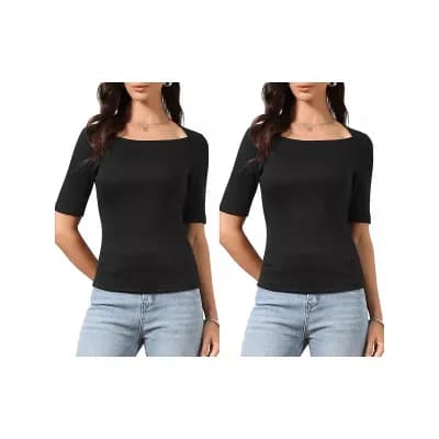 2 Packs Square Neck Tops for Women Half Sleeve Fitted Dressy Casual Summer Blouse T-Shirt