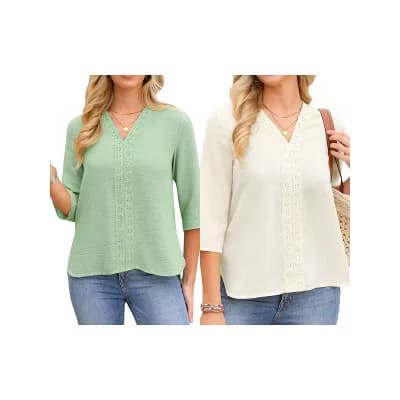 2 Packs Women's 3/4 Sleeve Shirt V Neck Embroidery Lace Casual Tunic Tops Loose Blouses Side Split