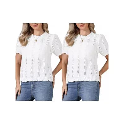 2 Packs Crochet Knit Top for Women Short Sleeve Crew Neck Eyelet Embroidery T-Shirt Beach Clothes