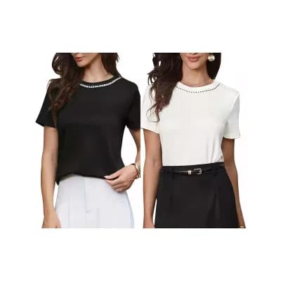 2 Packs Tweed Neck Tops for Women's Short Sleeve Summer Elegant Blouse