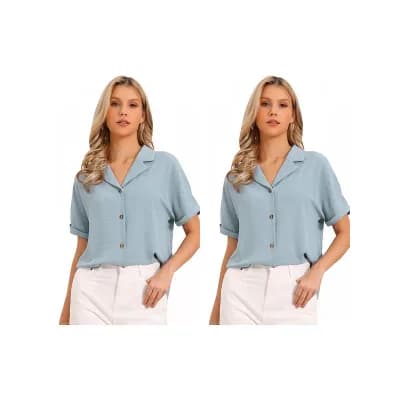 2 Packs Women's Business Blouses Dressy V Neck Short Sleeve Button Down Shirts Relaxed Work Tops