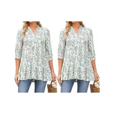 2 Packs Women's 3/4 Sleeve Shirt Floral Print V Neck Tiered Ruffle Dressy Casual Beach Tunic Blouses
