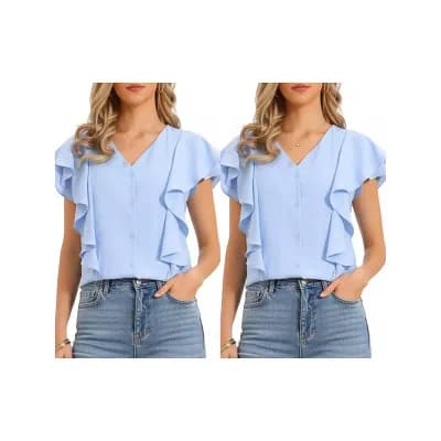 2 Packs Ruffled Blouse for Women's Short Sleeve V Neck Button Down Casual Top