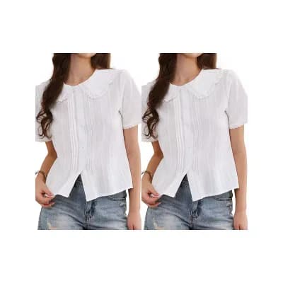 2 Packs Short Sleeve Shirts for Women Ruffle Peter Pan Collar Button Down Cotton Blouse Summer Tops