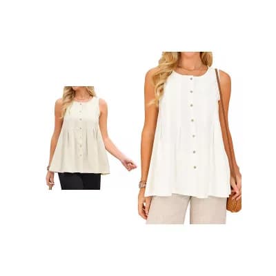 2 Packs Women's Linen Tank Tops Summer Sleeveless Shirts Button Pleated Babydoll Casual Blouse