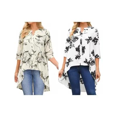 2 Packs Women's High Low Tops 3/4 Sleeve V Neck Floral Asymmetrical Loose Button Down Shirt Blouse