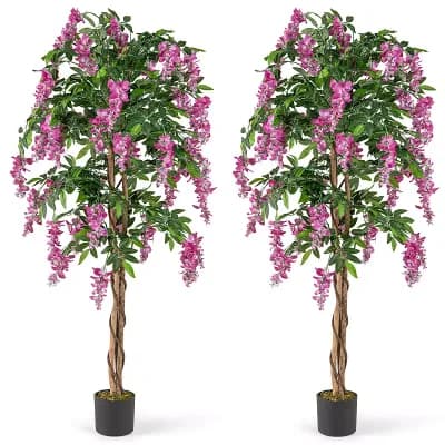 Costway 2 pc 5.5 FT Tall Artificial Ficus Tree Faux Wisteria Plant Pink