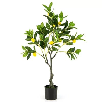 Costway 1 pc 2.6 FT Tall Artificial Lemon Tree with Lemon Fruits, Cement Pot for Porch, Office