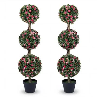 Costway 2 pc Artificial Triple Ball Rose Topiary Tree with Lifelike Blooms & Green Leaves