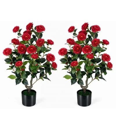 Costway 2-Pack Artificial Camellia Tree, 35.5” Faux Flower Plant in Cement-Filled Pot