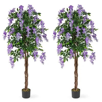 Costway 2 pc 5.5 FT Tall Artificial Ficus Tree Faux Wisteria Plant Purple