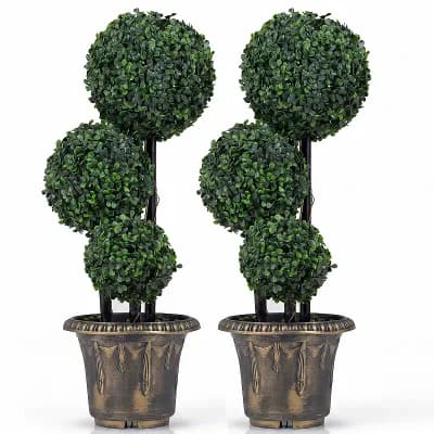 Costway 2 pc 2.5 FT Artificial Boxwood Topiary Tree, Sun-Protective Triple Ball Shrubs